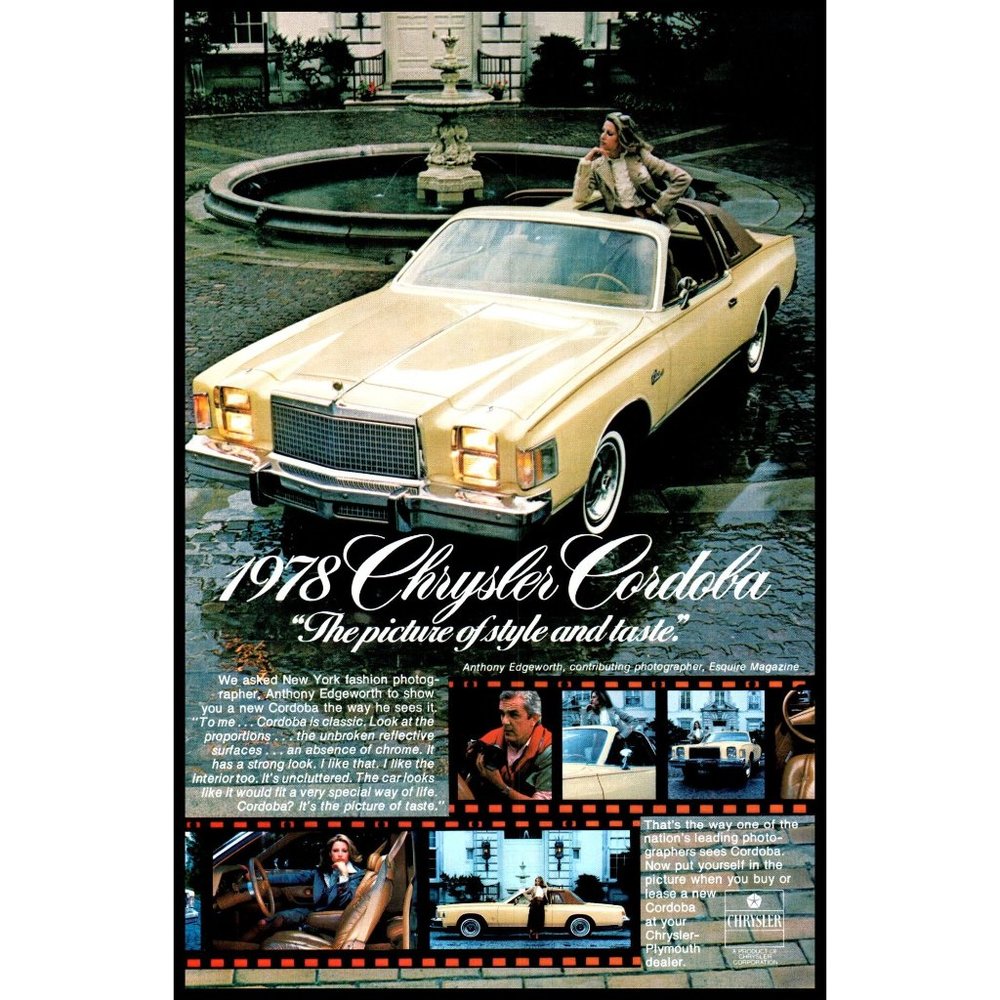 1978 Chrysler Cordoba T Top Coupe Vintage Print Ad Fountain Cobblestone Wall Art